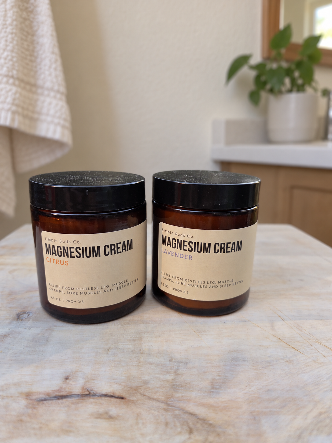 Amber magnesium cream jars in a bathroom Amber magnesium cream jars in a bathroom
