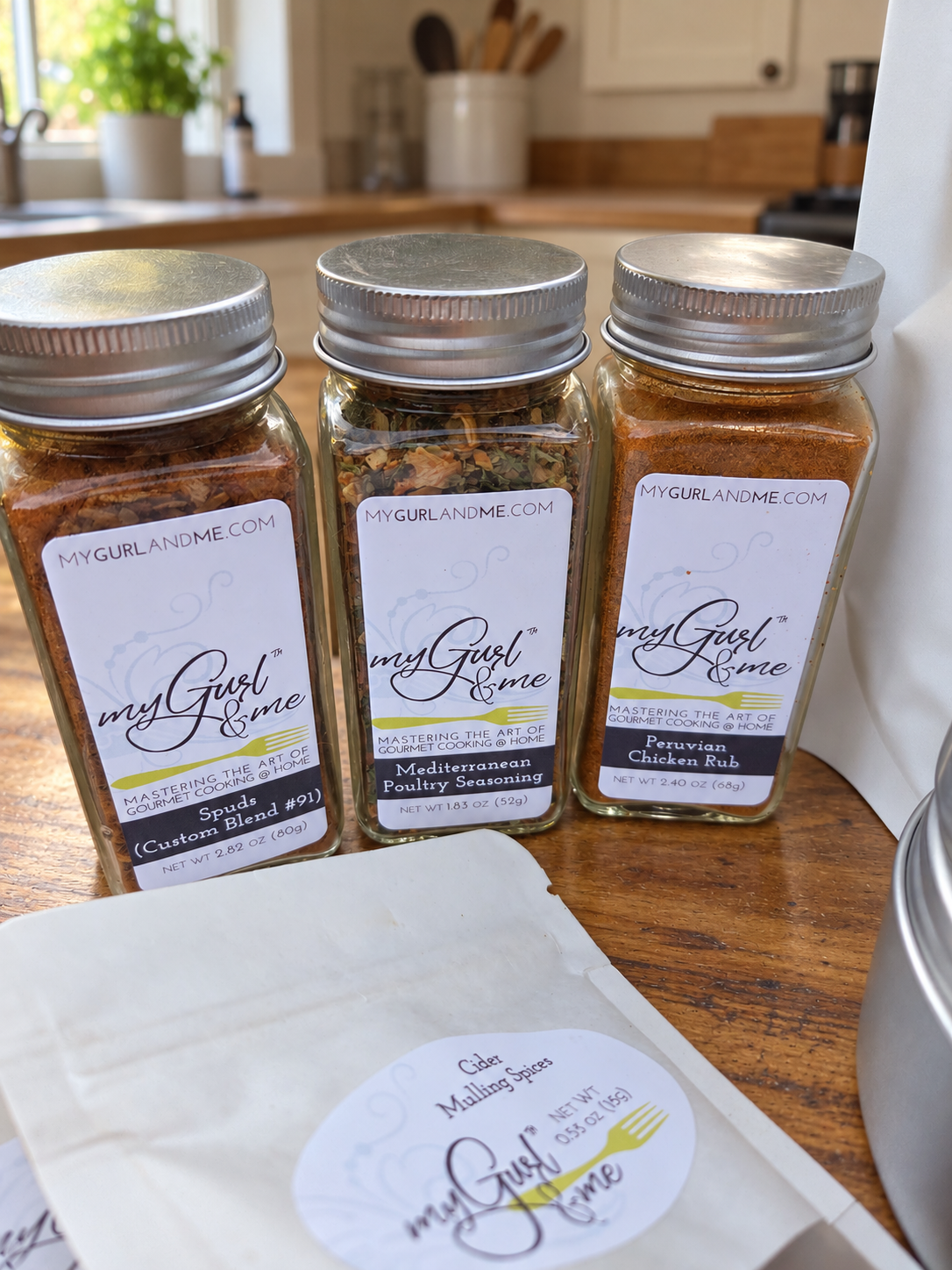 Spice jars on a warm kitchen counter